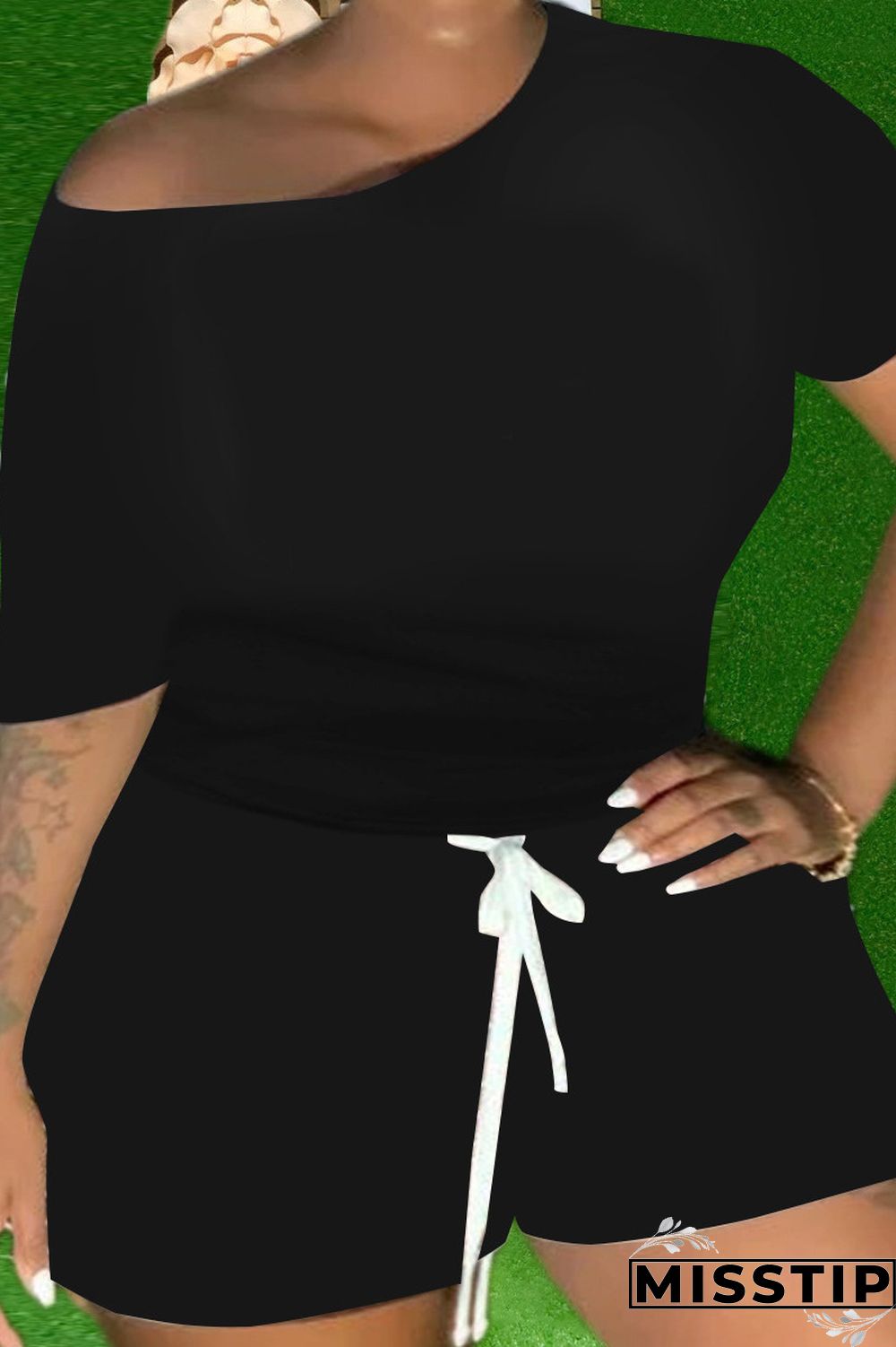 Black Fashion Casual Solid Basic O Neck Plus Size Two Pieces