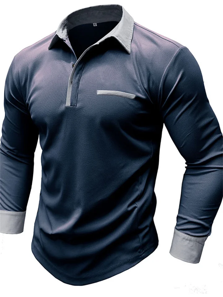 New Men's Casual Long-sleeved Color Collision Lapel Polo Shirt Henley Shirt Bottoming Men's Tops M-XXXL-Cosfine