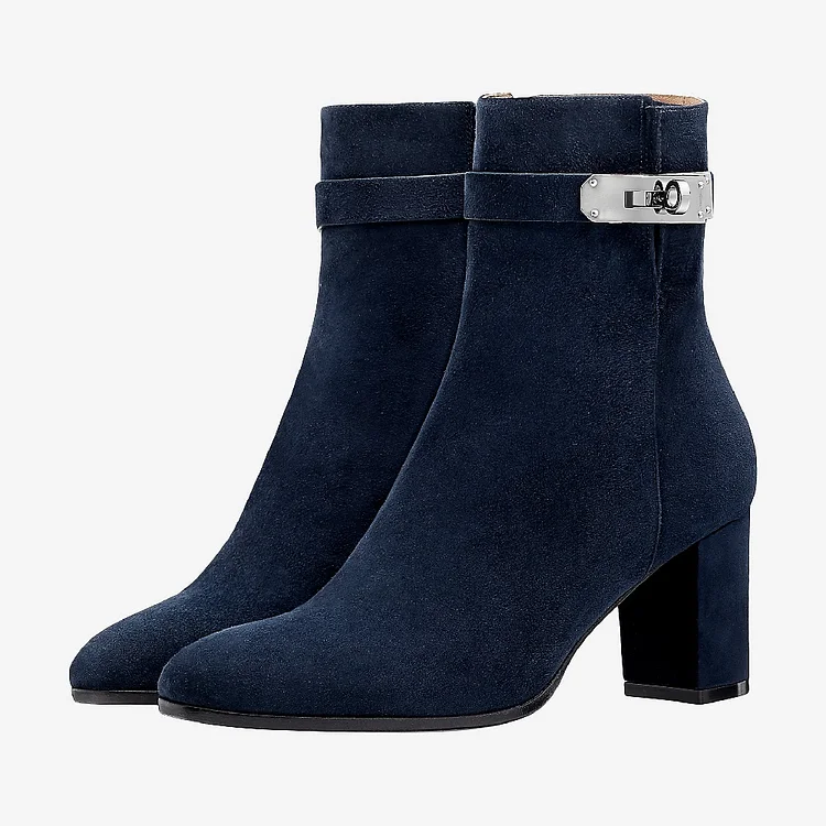 Navy Blue Lock Ankle Booties with Chunky Heels Vdcoo