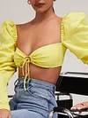 Solid Color Puff Sleeves Long Sleeve Backless T-Shirt Top