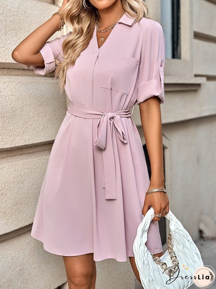 Fashion Solid Color Lapel Half Sleeve Mini Dress