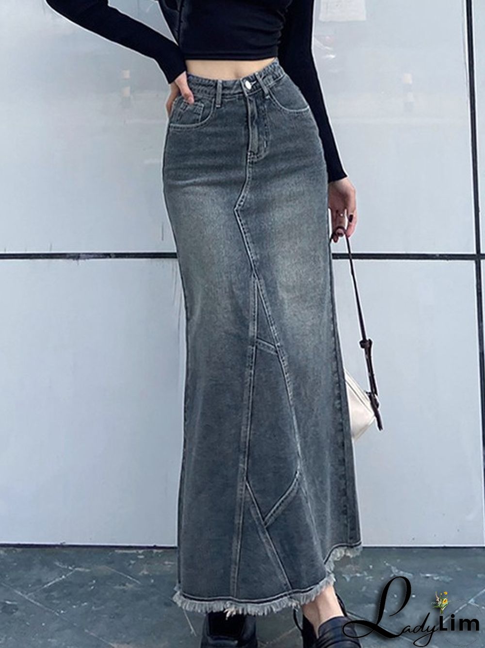 Back Slit Patchwork Long Denim Skirt