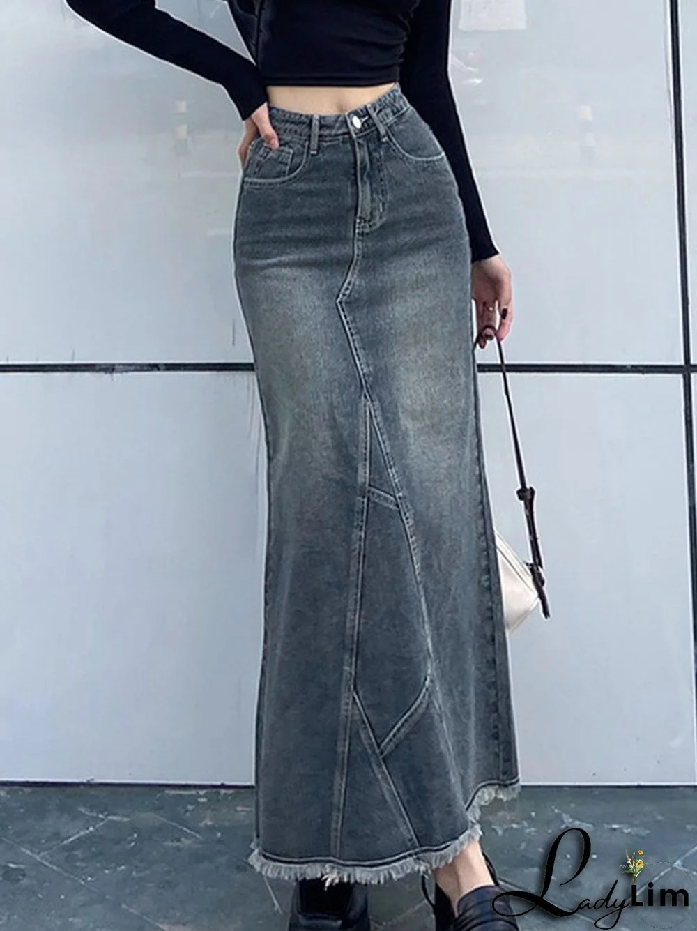 Back Slit Patchwork Long Denim Skirt