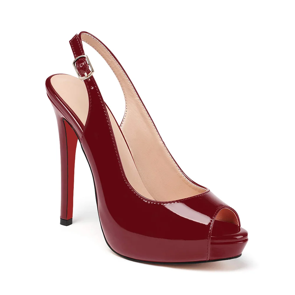 120mm Red Bottom Strap Slingback Sandals Peep Toe Platform Stilettos Wine Patent Heels-MERUMOTE