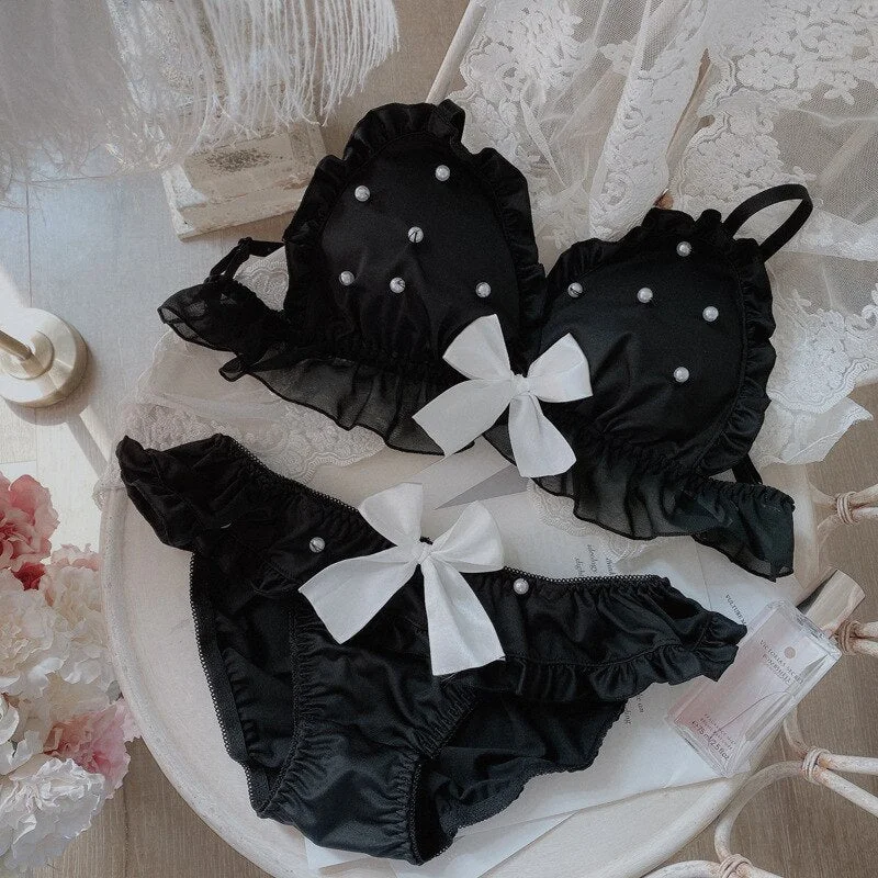 Wriufred Underwear suit girl sweet cute hollow embroidery lingerie set cotton lace edge tube top thin bra set gathered bralette