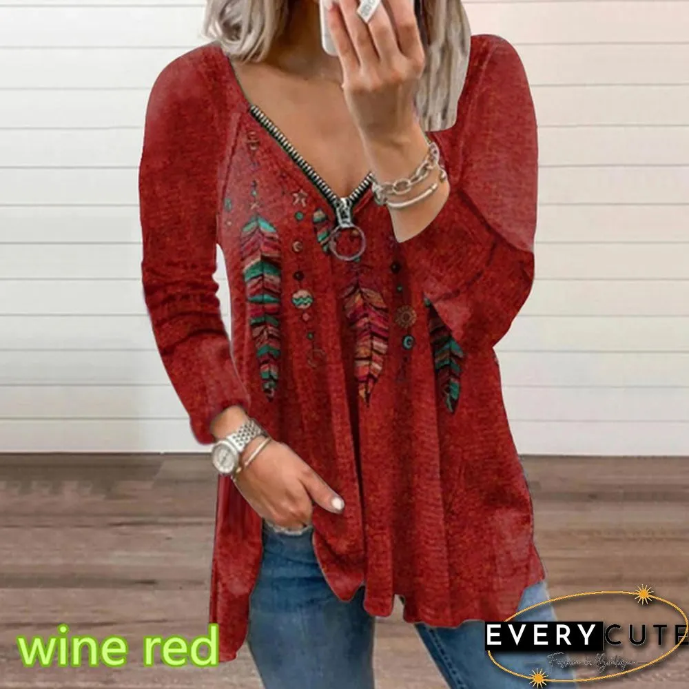 Spring and Early Autumn New Fashion Womens Feather Plaid Printed Casual Plus Size Long
