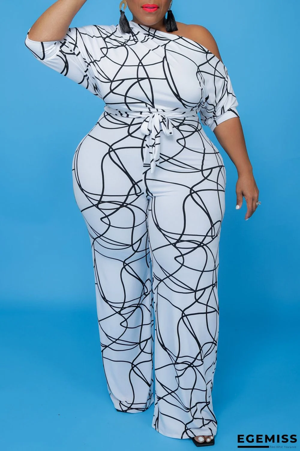 White Fashion Casual Print Bandage Oblique Collar Plus Size Jumpsuits | EGEMISS