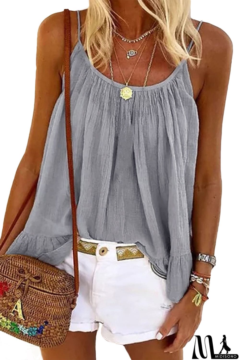 MidiSono - Spaghetti Straps Pleated Ruffled Tank Top