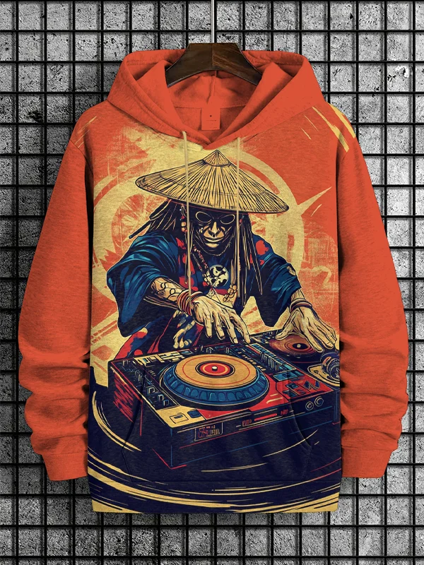 Men's Rebellious Hip Hop DJ Japanese Art Print Casual Hoodie