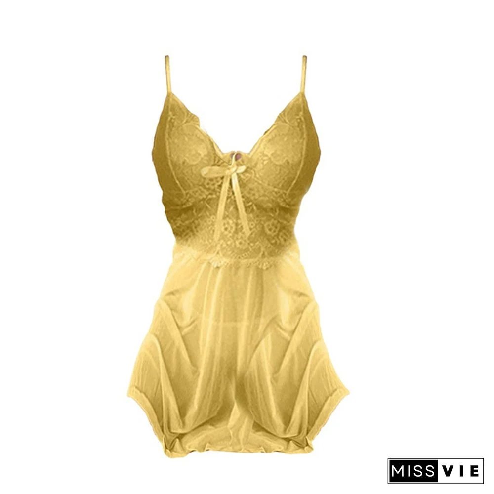 Women's Fashion Lace Perspective Sleepwear Female Spaghetti Strap Nightwear Deep V Neck Mini Dress Soft Homewear