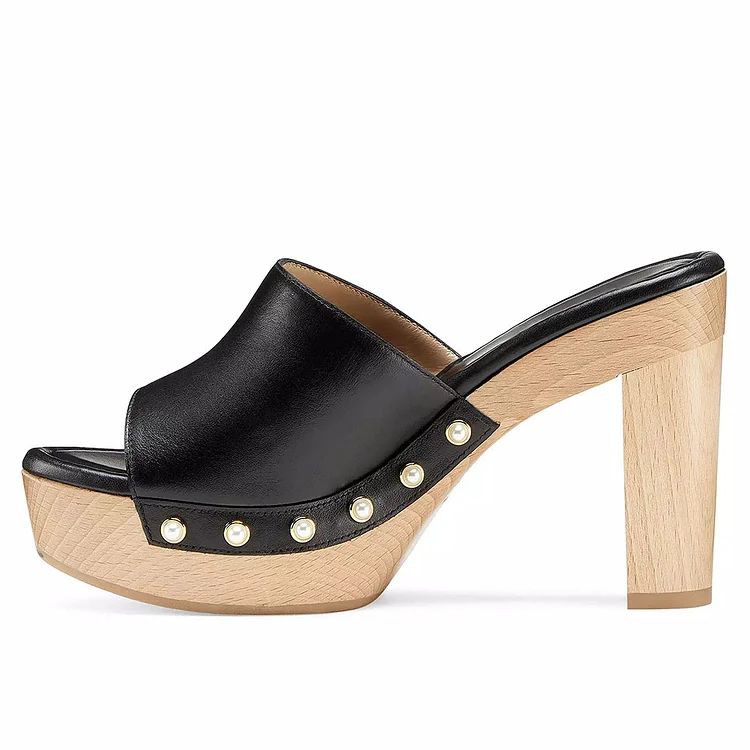 Women's Black Heeled Clogs Open Toe Pearl Decor Platform Mules |FSJ Shoes