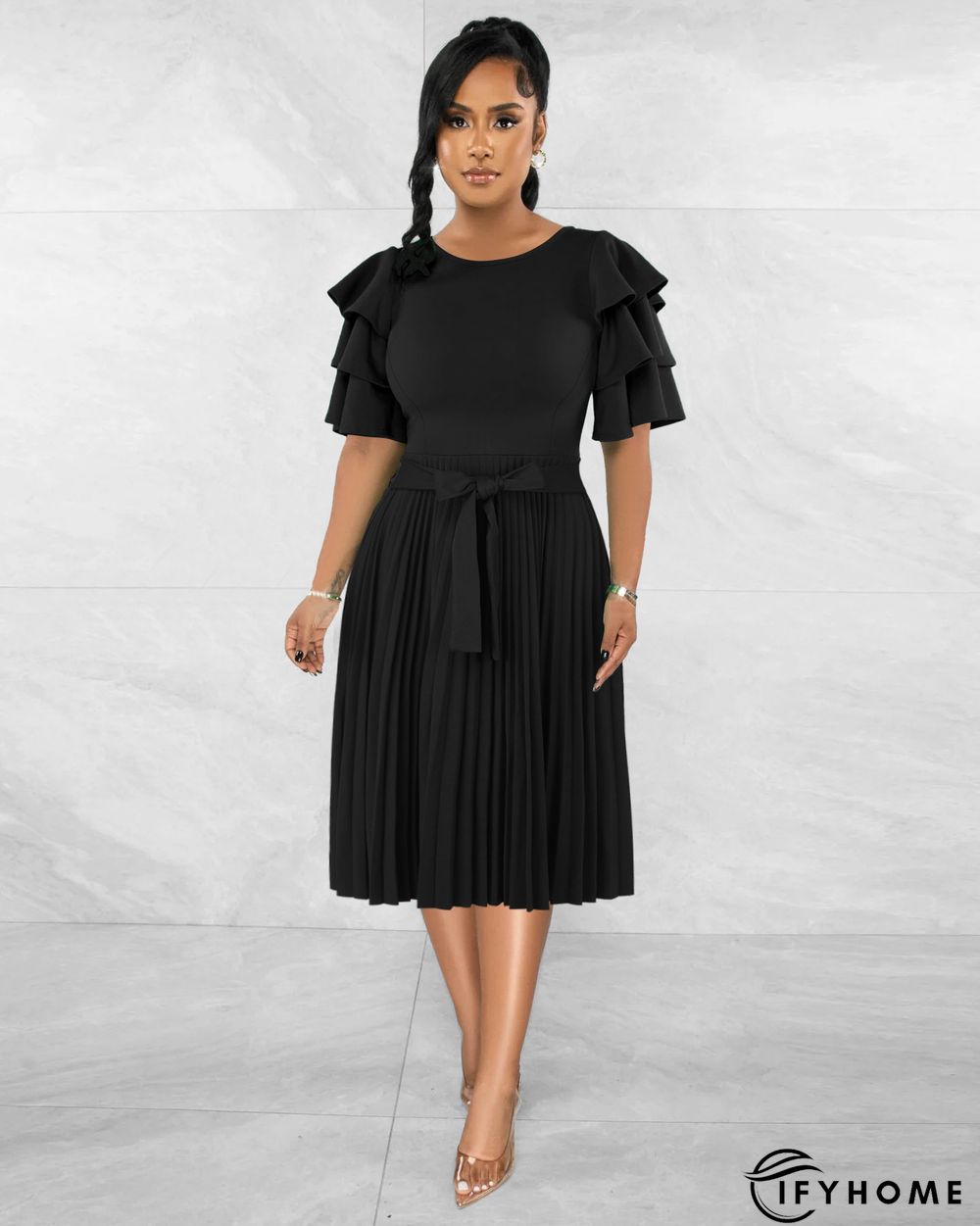 Round Neck Ruffle Short Sleeve Pressed Pleated Dress | IFYHOME
