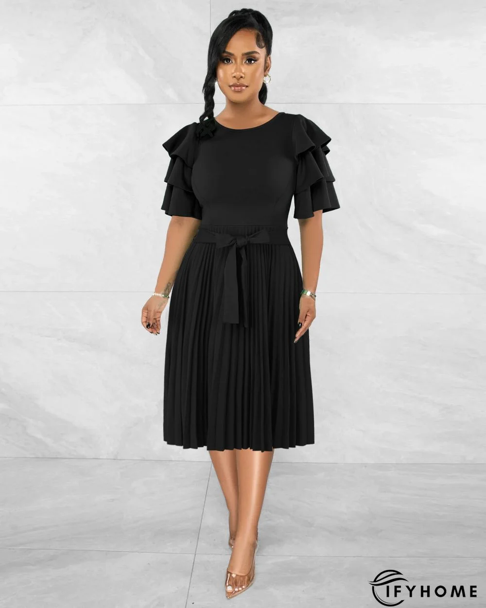 Round Neck Ruffle Short Sleeve Pressed Pleated Dress | IFYHOME