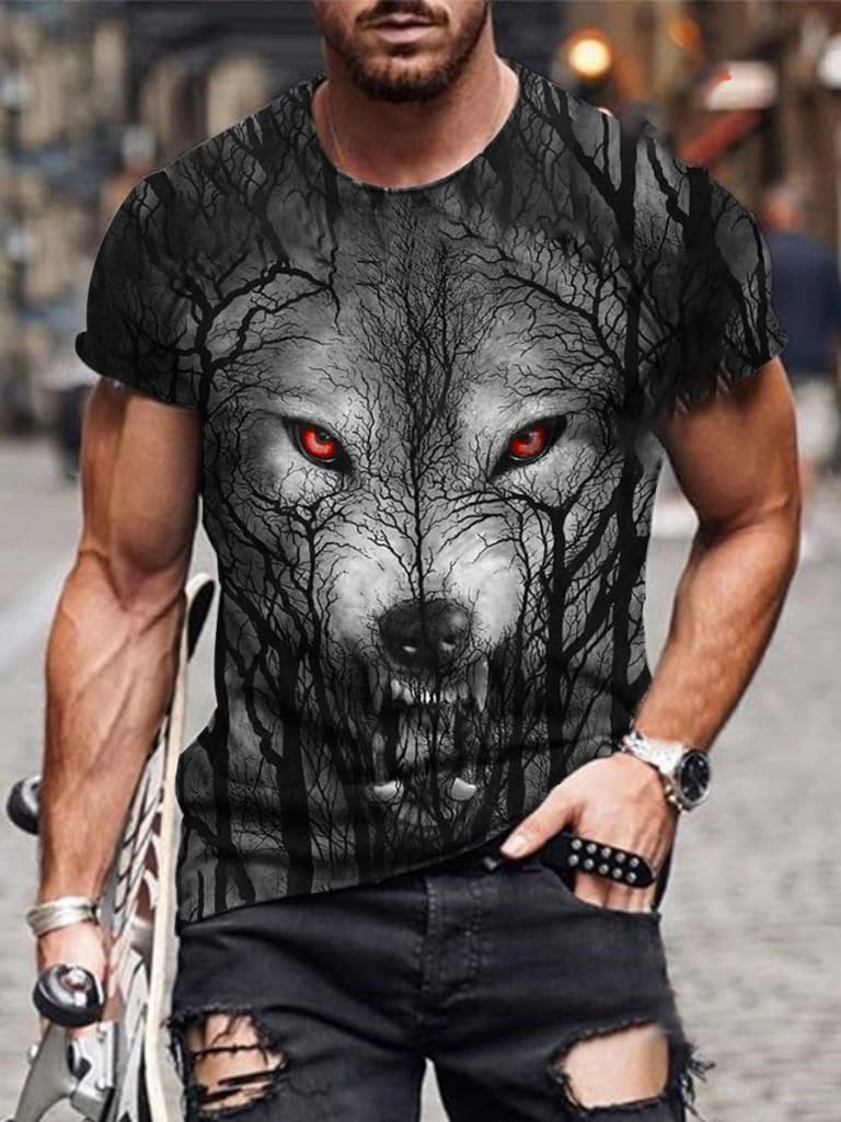 Men's Creative Forest Wolf Howling Art Print Short Sleeve Round Neck T-Shirt / [viawink] /