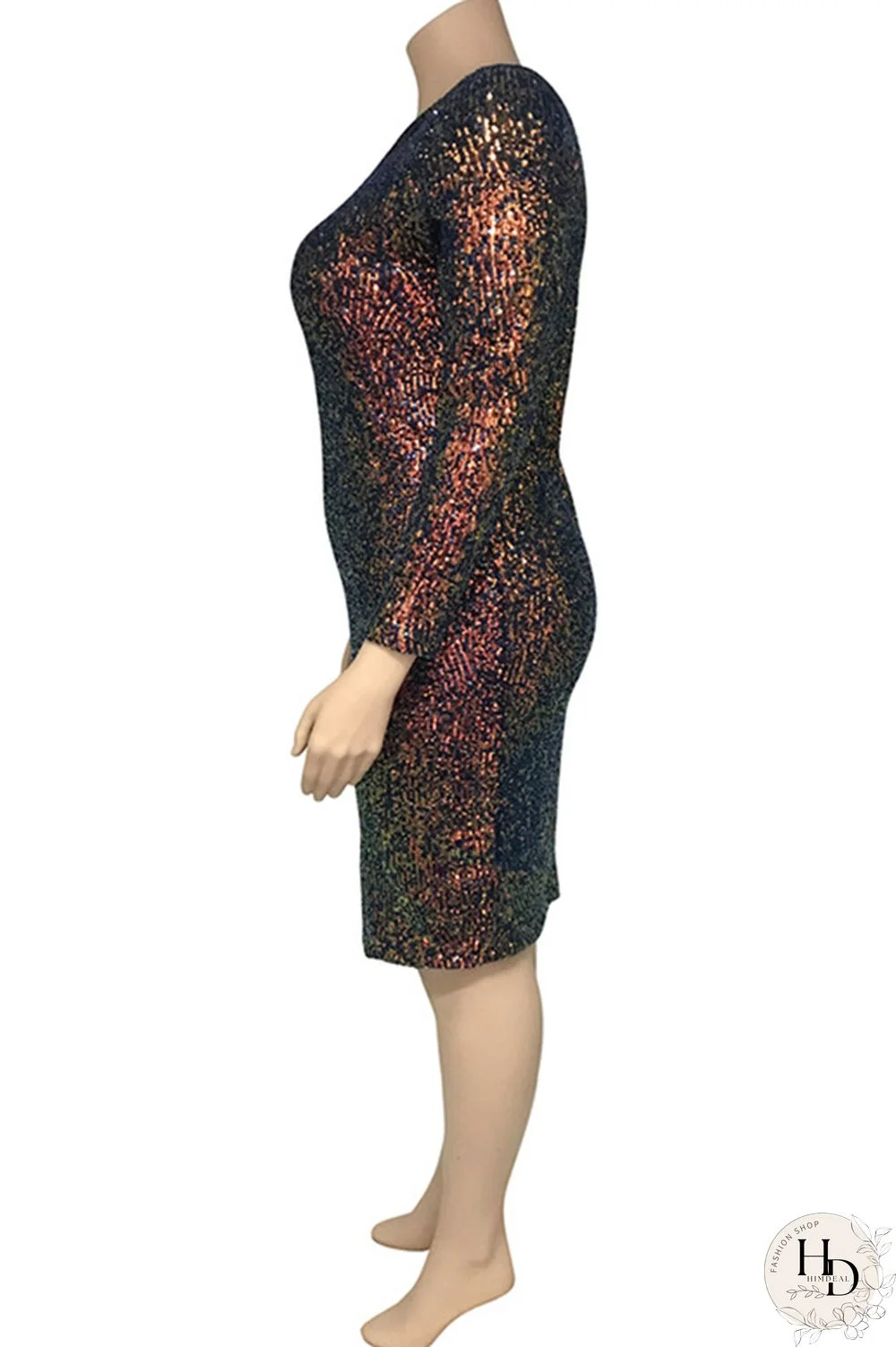 As Show Sexy O Neck Sequin Solid Sequined Plus Size Dresses