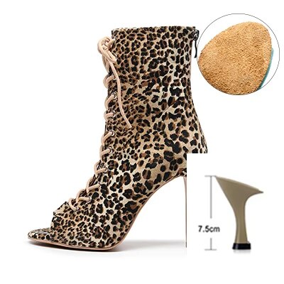 VCshoes Woman Latin Ballroom Leopard Print Modern Dance Shoes Suede Rubber Sole Jazz Salsa Cuban Slim Heels Ladies Open Toe Ankle Boots