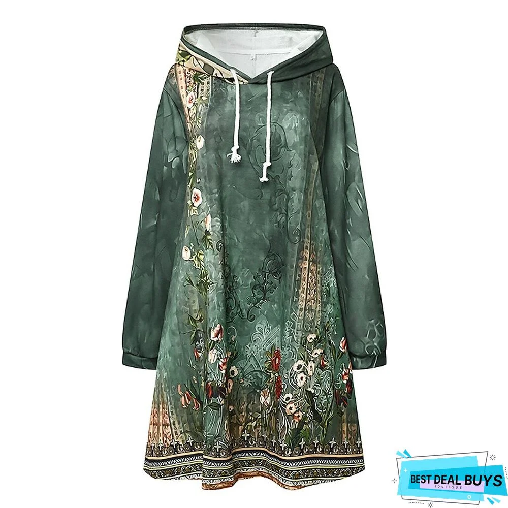 Women&lsquo;s Hoodie Dress Winter Dress Sweatshirt Dress Winter Dress  Green Blue Purple Long Sleeve Floral Print Winter Fall Hooded Vacation Casual Fall Dress 2022 S M L XL XXL 3XL