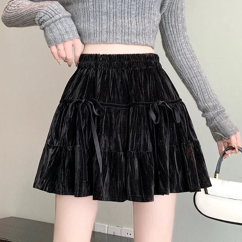 Toloer Velvet Bow Pleated Mini Skirt-Outfit Ideas