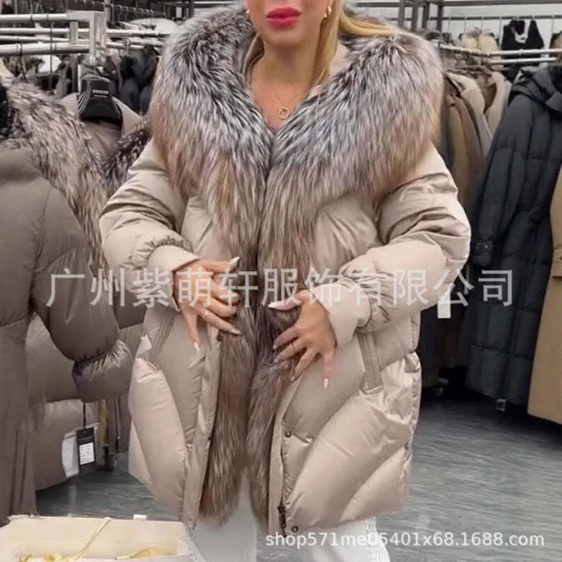 Nigikala Nigikala New High-End Fur Big Fox Wool Cotton Silver Fox Down Jacket Warm Hooded Coat Woman