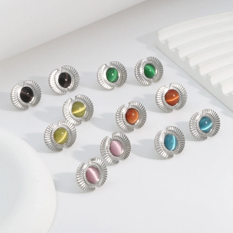 1 Pair Elegant Retro Romantic Geometric Inlay 304 Stainless Steel Opal Ear Studs