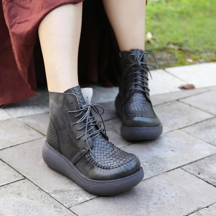 Leather Ethnic Wedge Heel Boots