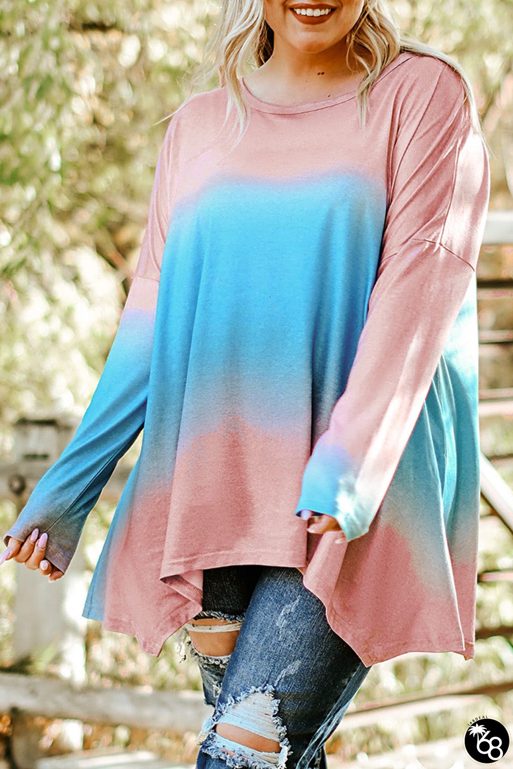 Sky Blue Plus Size Painted Poncho Top | 168DEAL