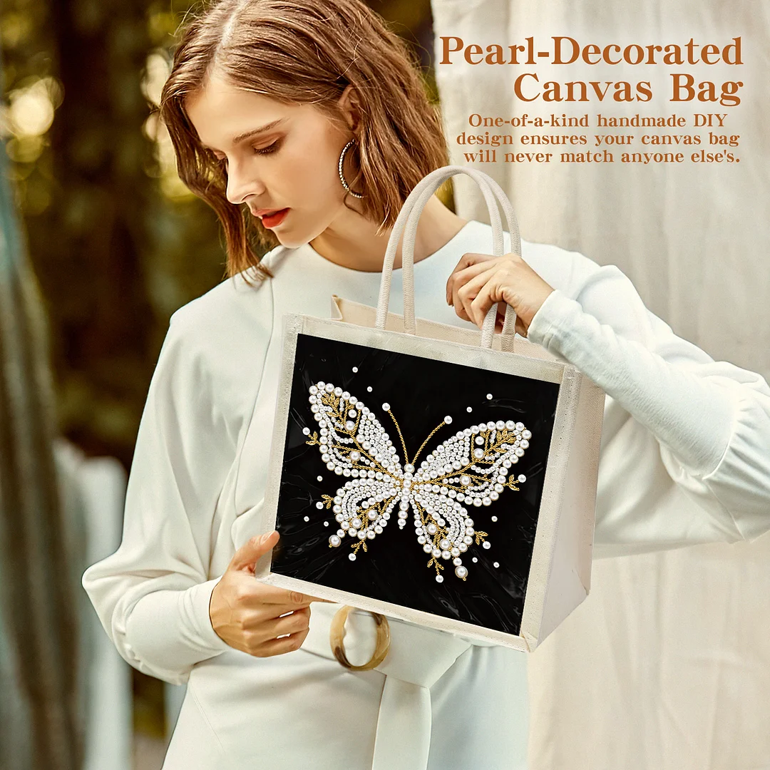 Pearl Butterfly DIY Diamond Painting Shopping Bag Crystal Painting Linen Tote Bags Waterproof Multi-Pocket Diamond Tote Handbag Large Capacity for Adults Beginners