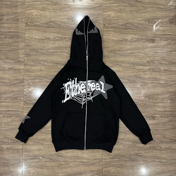 Street Letter Star Print Zipper Hooded Sweatshirt Hip Hop Hoodie at Hiphopee