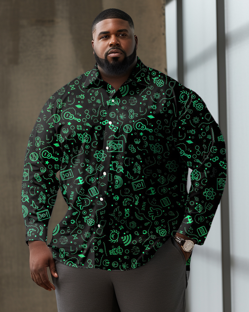 Plus Size Men's Casual Green Fun Cartoon Print Lapel Long Sleeve Shirt