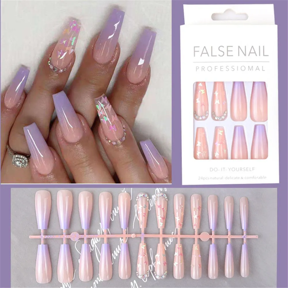 24pcs Extra Long Coffin False Nails yellow Flower designs Rhinestone Ballerina Fake Nails Full Cover Nail Tips Press On Nails