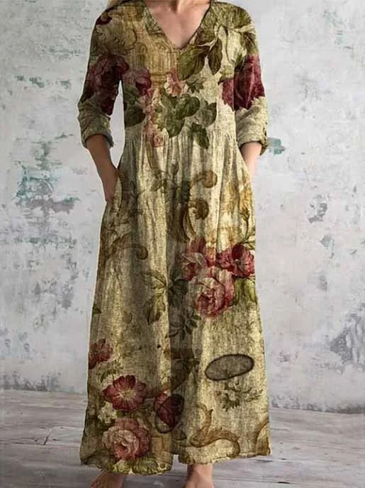 Women's 3/4 Sleeve V-neck Floral Printed Midi Dress