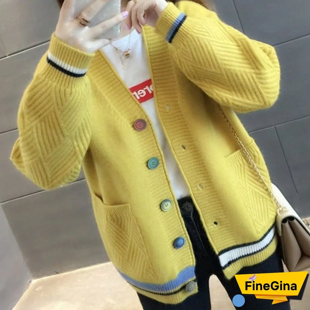 Pocket Coat Women's Loose V-neck Long Sleeve Knitted Cardigan