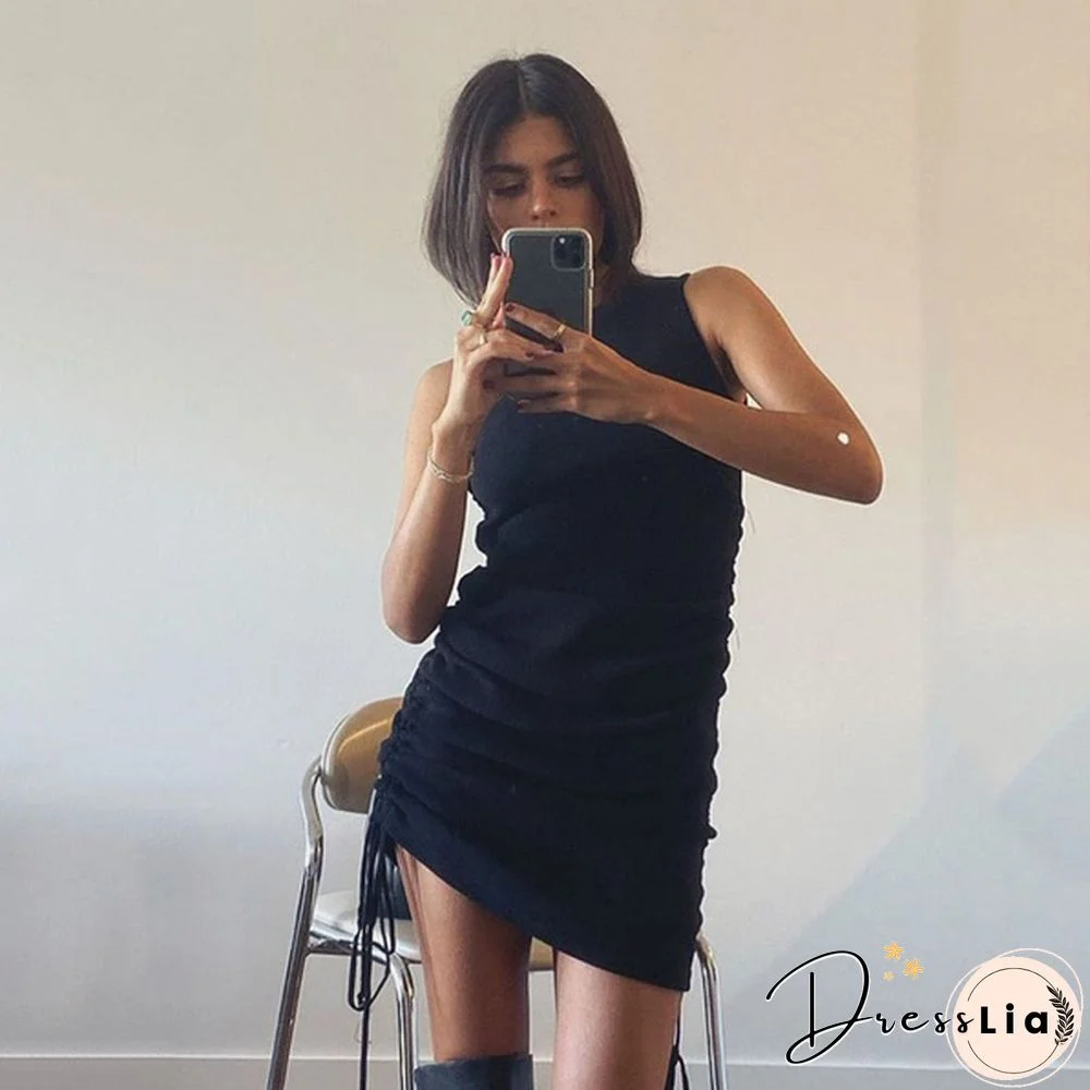 Ribbed Mini Dress Women Off Shoulder Sexy Party O Neck Drawstring Knit Club Tank Bodycon Short Women's Summer Dresses