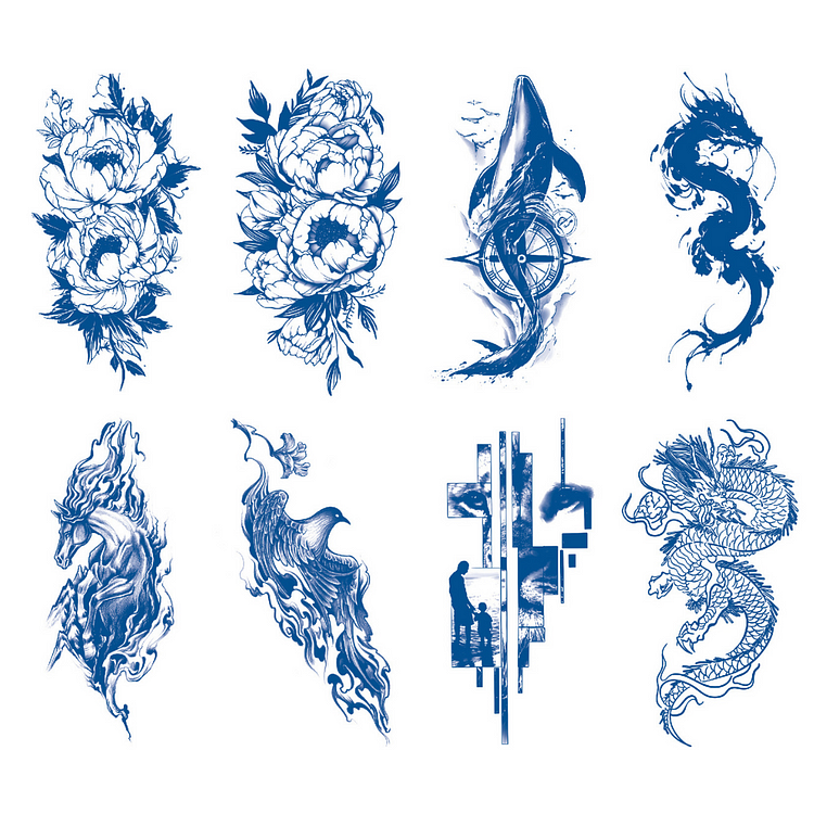 8 Sheets Flower Whale Horse Bird Dragon Half Arm Juice Ink Semi-Permanent Tattoo Lasts 15 days