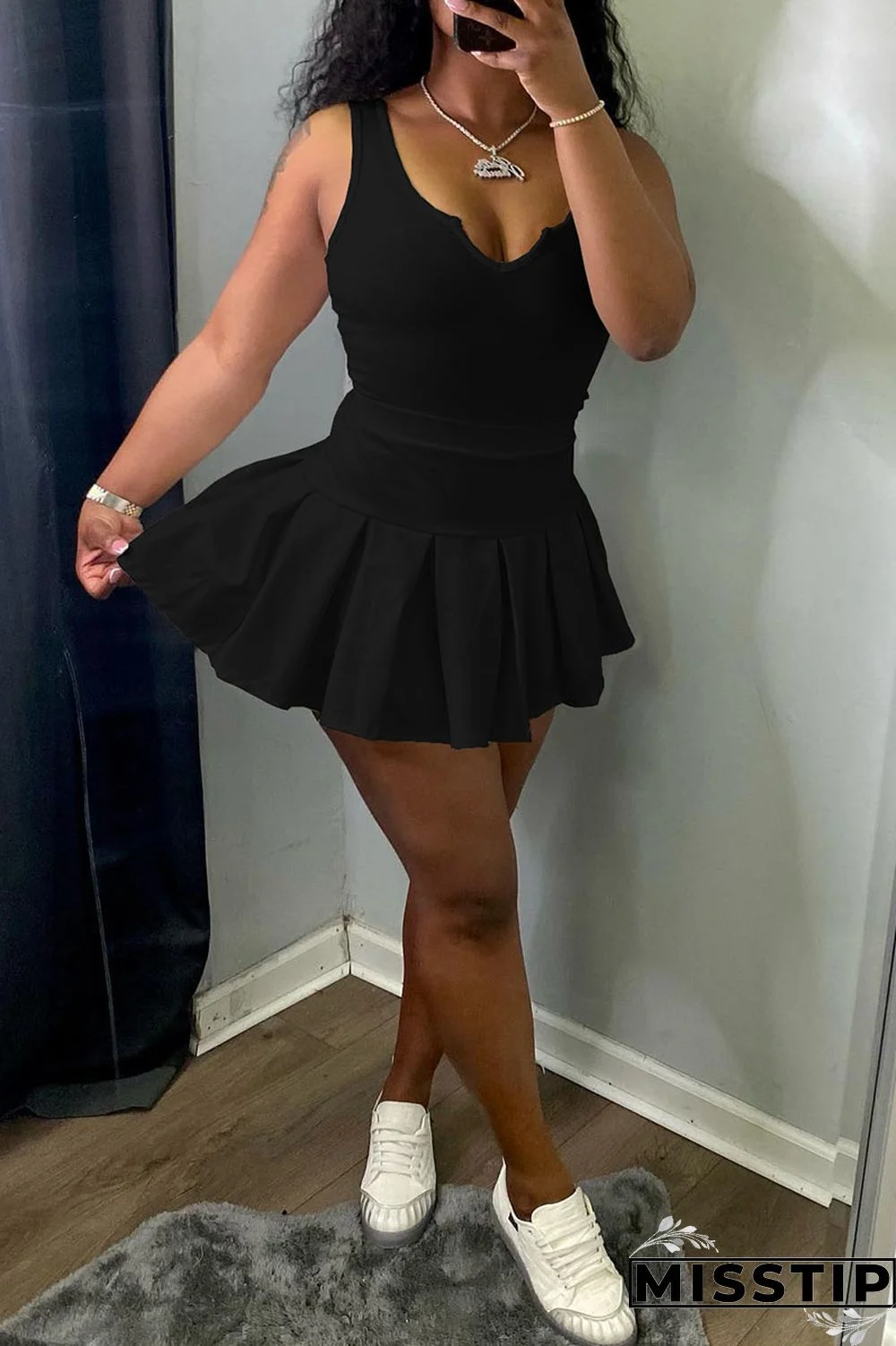 Black Casual Solid Patchwork U Neck Two Pieces