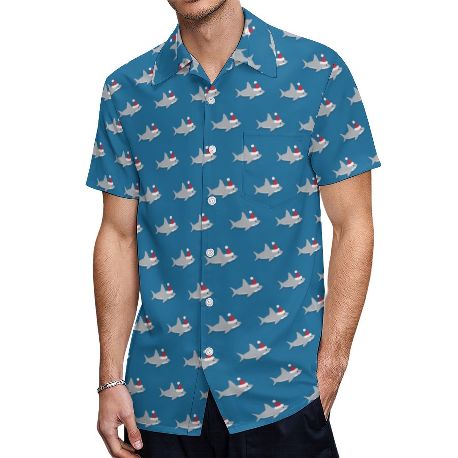 Cute Shark In Santa Hat Christmas Pattern Hawaiian Shirt Mens Button Down Tropical Hawaii Beach Shirts