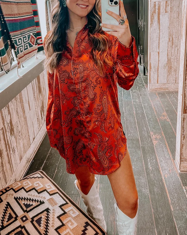 Paisley Print Long-sleeved Shirt Dress