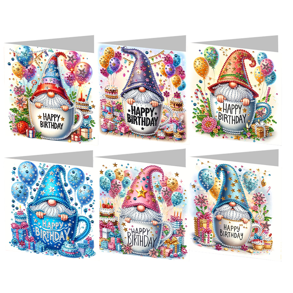 6Pcs Birthday Gnome 5D DIY Diamond Painting Greeting Card for Adults Beginners