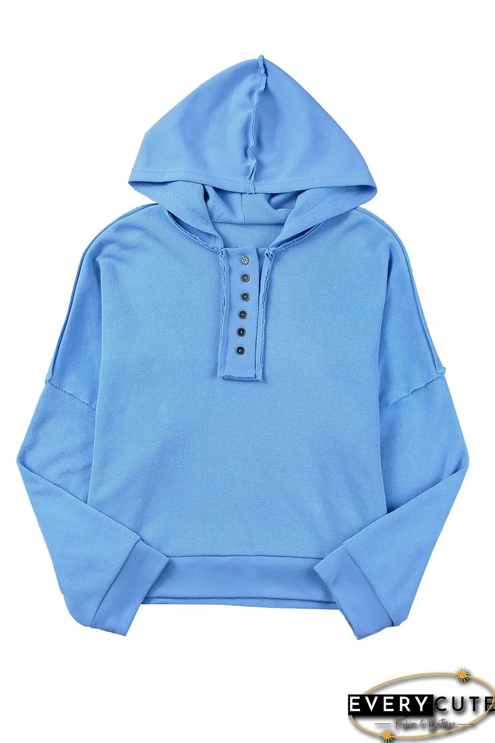 Sky Blue Casual Button Solid Patchwork Trim Hoodie