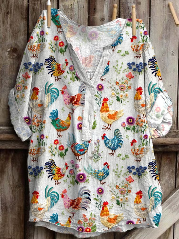 Comstylish Farm Chicken Embroidery Pattern Linen Blend V-Neck Shirt