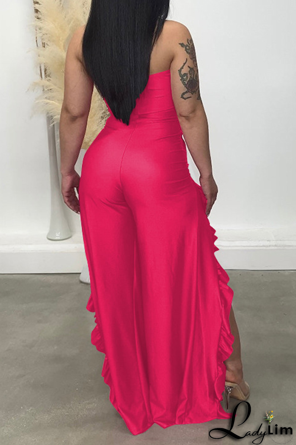 Black Sexy Print Flounce Strapless Boot Cut Jumpsuits