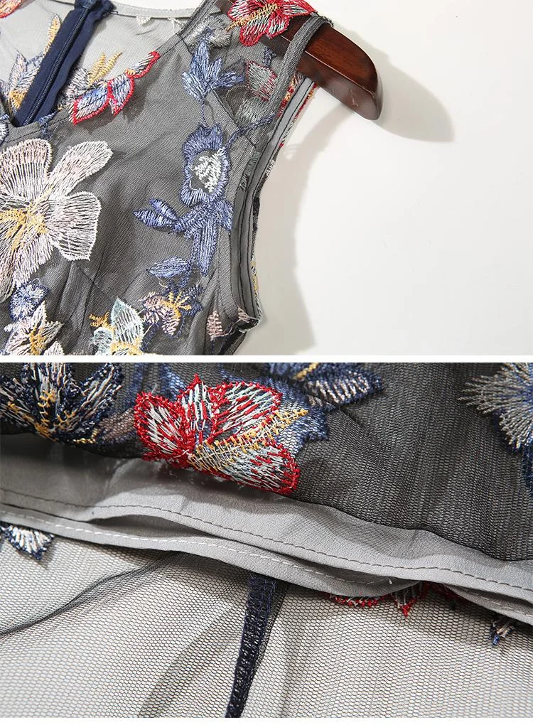 Women's sleeveless flower elegant temperament mesh embroidered belt dress