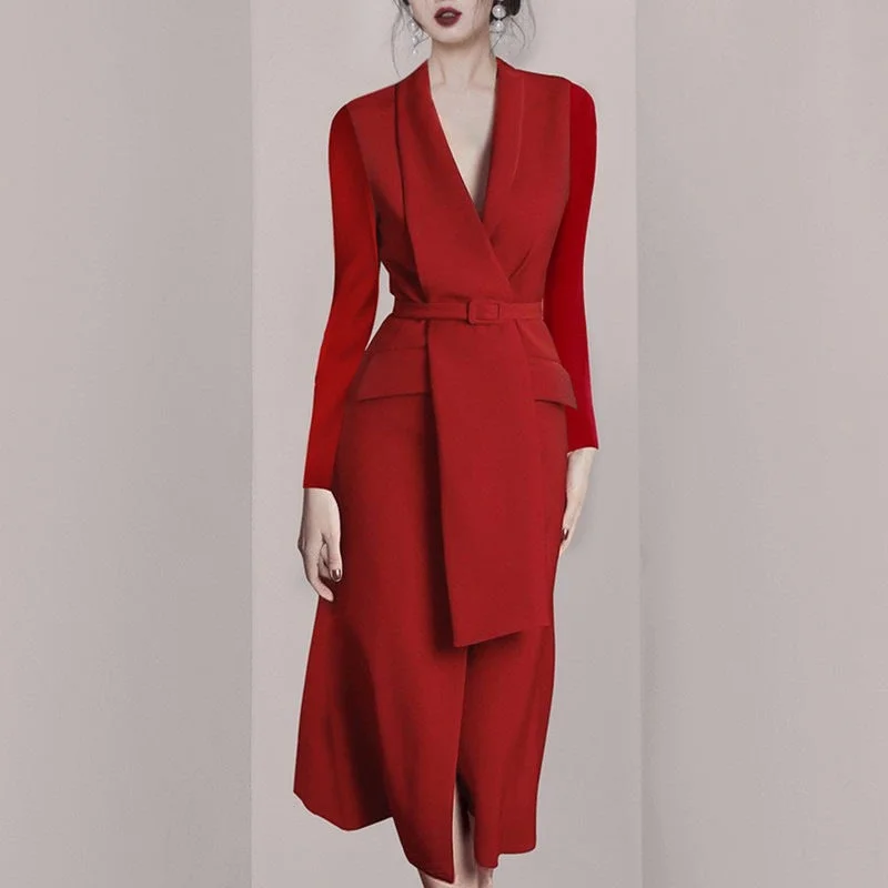 Red Dresses for Women V-neck Belt Split Maxi Blazer Dress