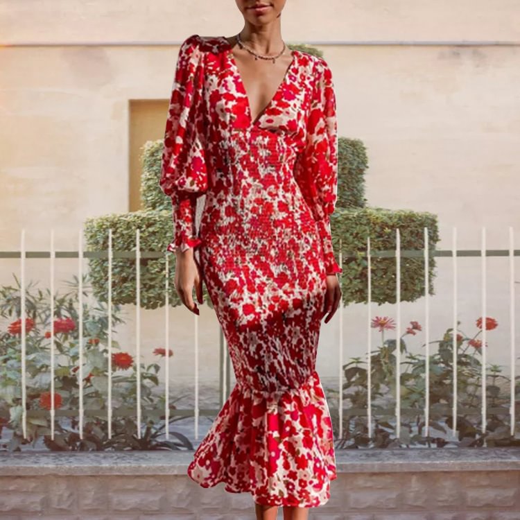 Fashion Print Ruffle Midi Dress