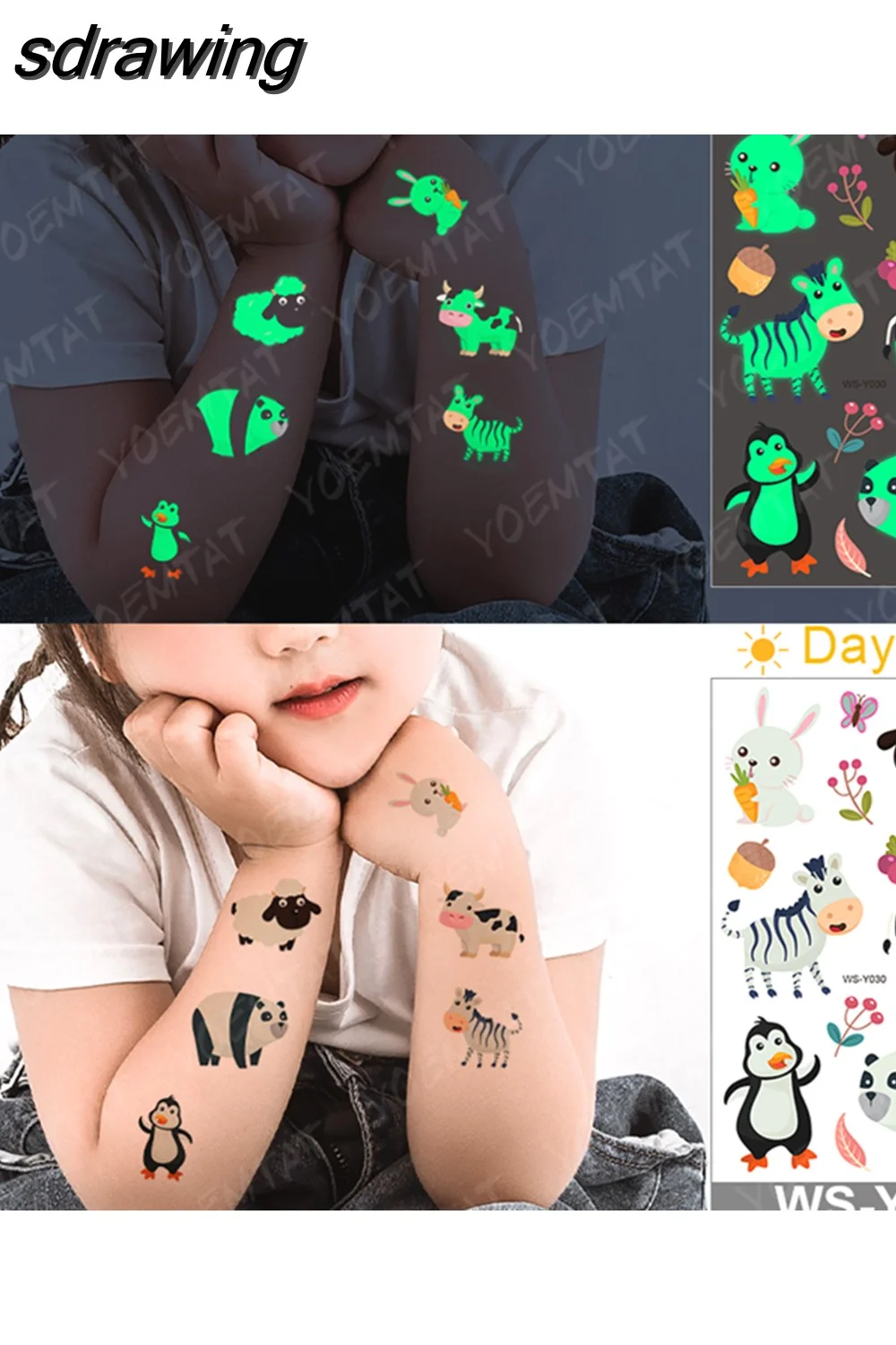sdrawing Waterproof Temporary Tattoo Woman Sticker Panda Tiger Cute Animal Glowing Tatto Boy Girl Baby Child Kid Flash Fake Tato