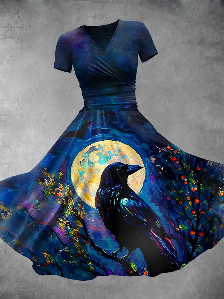 Women's Halloween Raven Print Casual Dress
