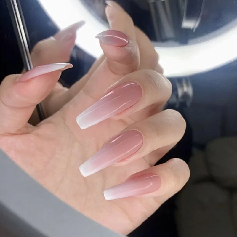 24PCS/box Gradient Color Ballet Med-Length Fake Nails press on full cover Wearing Wearable acrylic nail tips with glue for girls-Nail Inspo