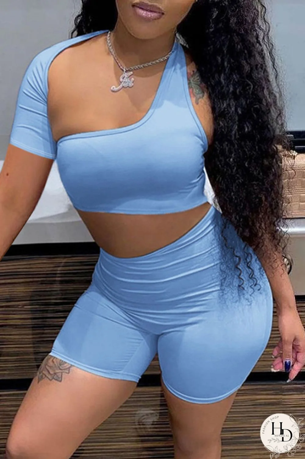 Blue Sexy Solid Hollowed Out Asymmetrical Collar Short Sleeve Two Pieces
