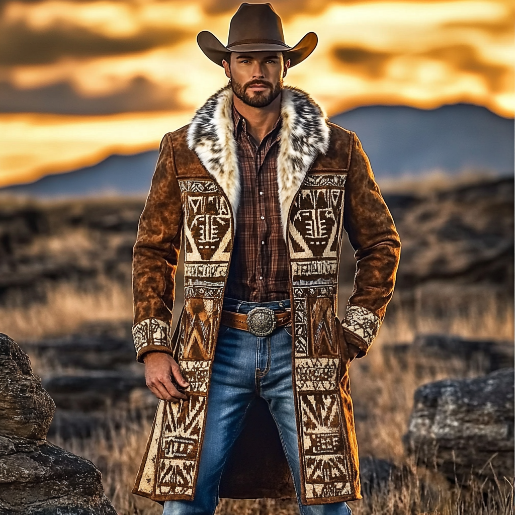 Western Cowboy Retro Aztec Print Ethnic Plush Warm Men's Coat Jacket-inspireuse