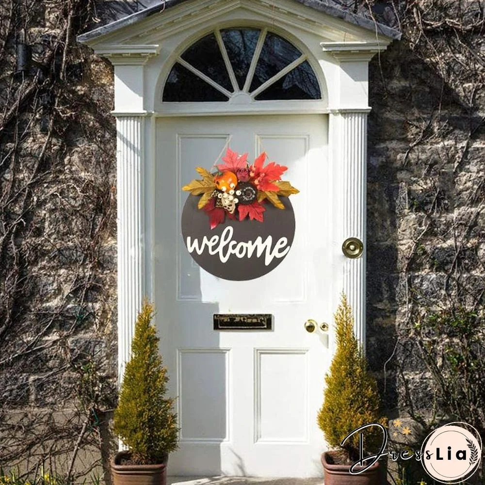 Wooden Door Sign Skull Pumpkin Wreath Wall Hanger Decor For Halloween